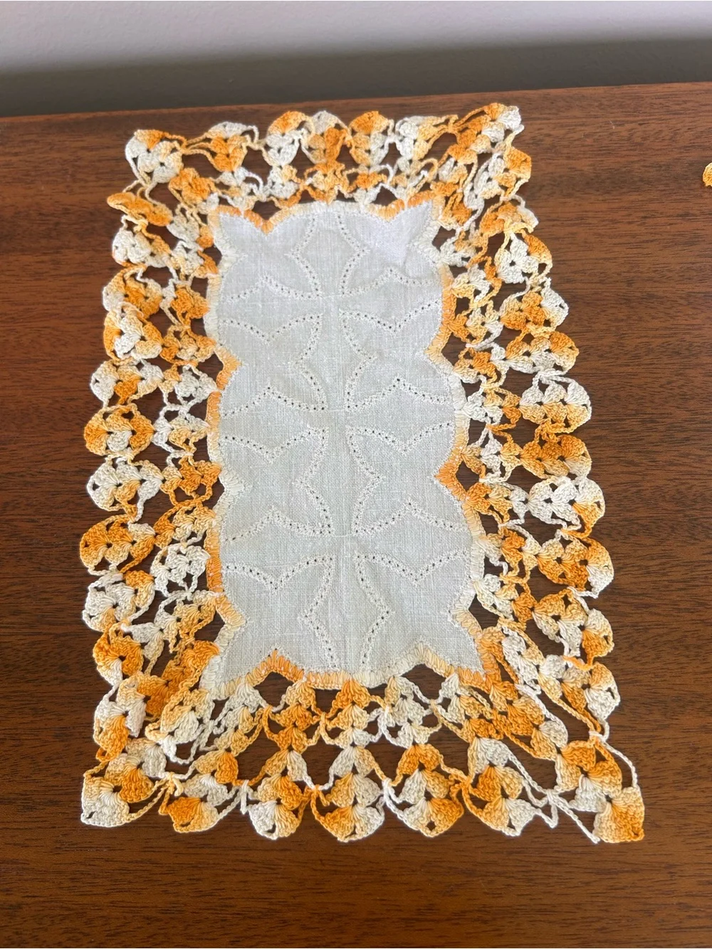 Sunny Side Trio! Variegated Cheddar and Yellow crochet and linen doilies Rare!!